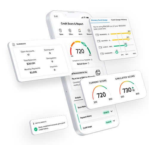 SavvyMoney credit score, card usage, and score simulator screens on a phone