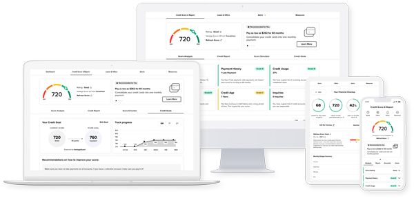SavvyMoney credit score dashboard shown on desktop, laptop, tablet, and phone